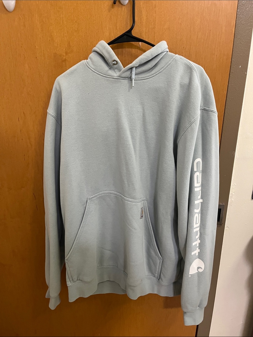 Carhartt Men’s Light Blue Hooded Sweatshirt - Logo Sleeve